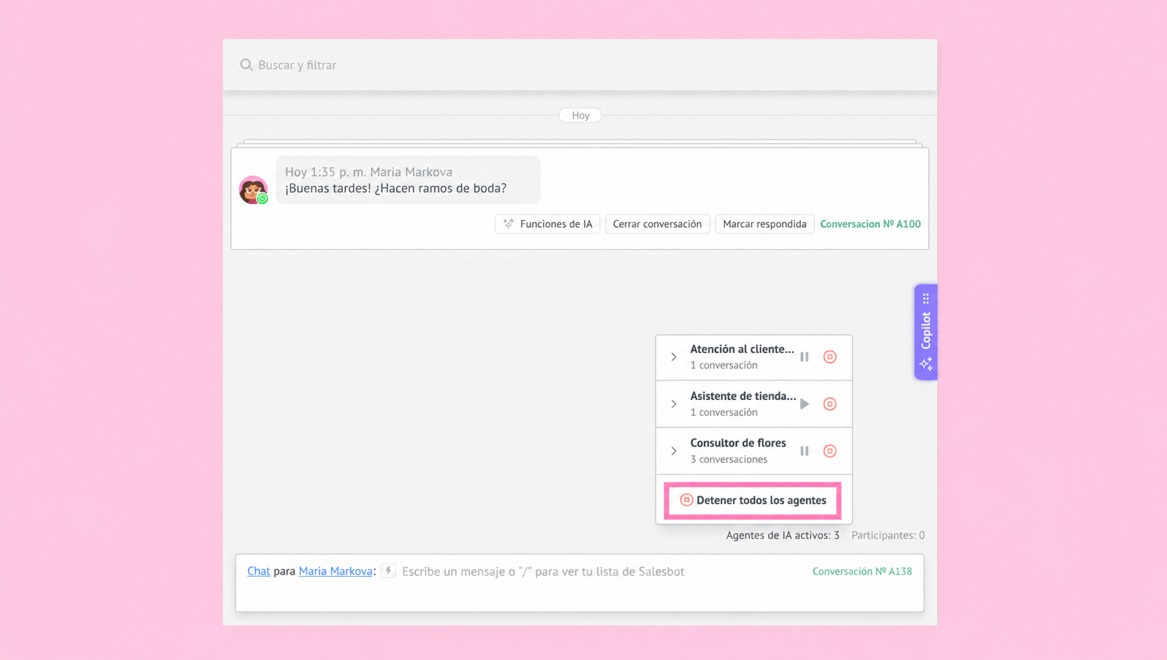 Chat interface displaying conversation options and a highlighted button to stop all agents.